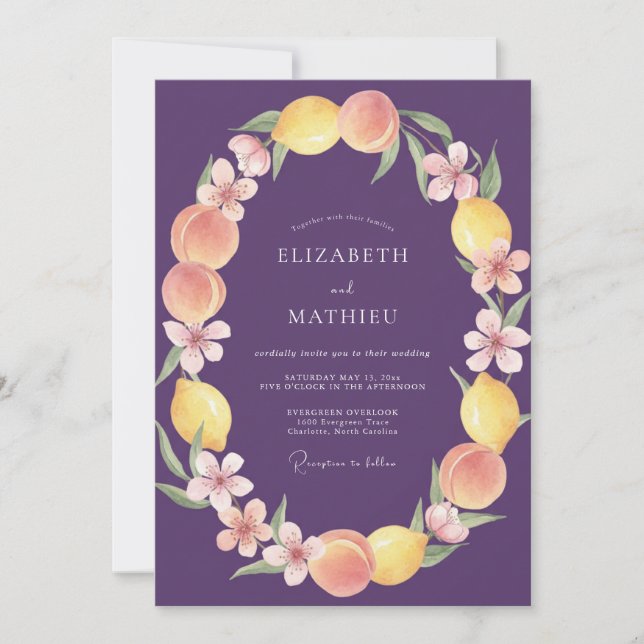 Invitation Mariage Prune Citron Pêche Eucalyptus (Devant)