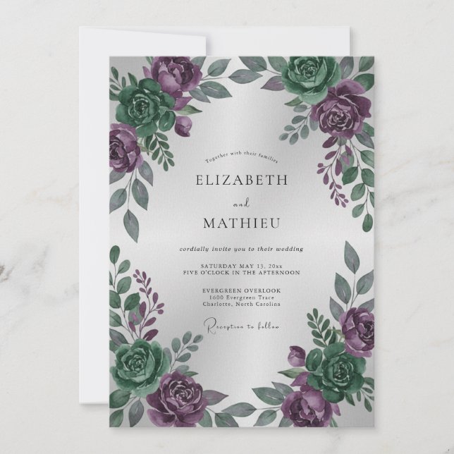 Invitation Mariage Prune Émeraude Pivoine (Devant)