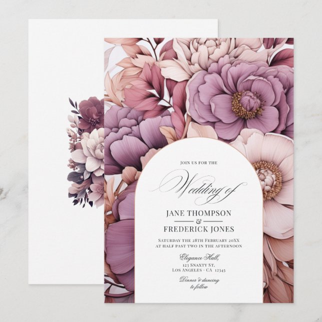Invitation Mariage prune, gris, cuivre et rose poudré (Devant / Derrière)