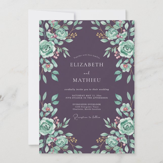 Invitation Mariage Prune Menthe Ranunculus Gris Eucalyptus (Devant)