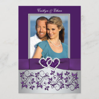 Invitation Mariage | Purple, Argent | Floral, Coeurs | Photo