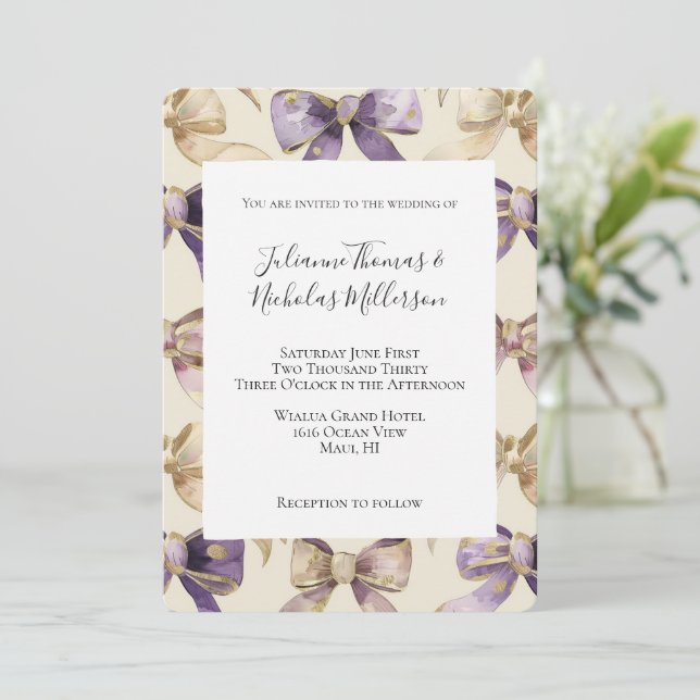 Invitation Mariage Purple Gold Bows (Debout devant)