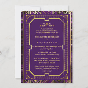 Invitation Mariage Purple & Gold Gatsby Art Déco années 1920
