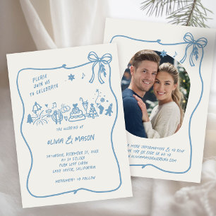 Invitation Mariage QR bleu hivernal à la main
