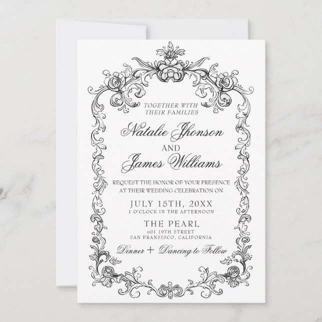 Invitation Mariage QR Code Argent Ancien Noir Et Blanc (Devant)