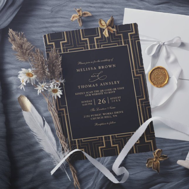 Invitation Mariage QR Code Art Déco Noir et Or Luxueux (Créateur téléchargé)