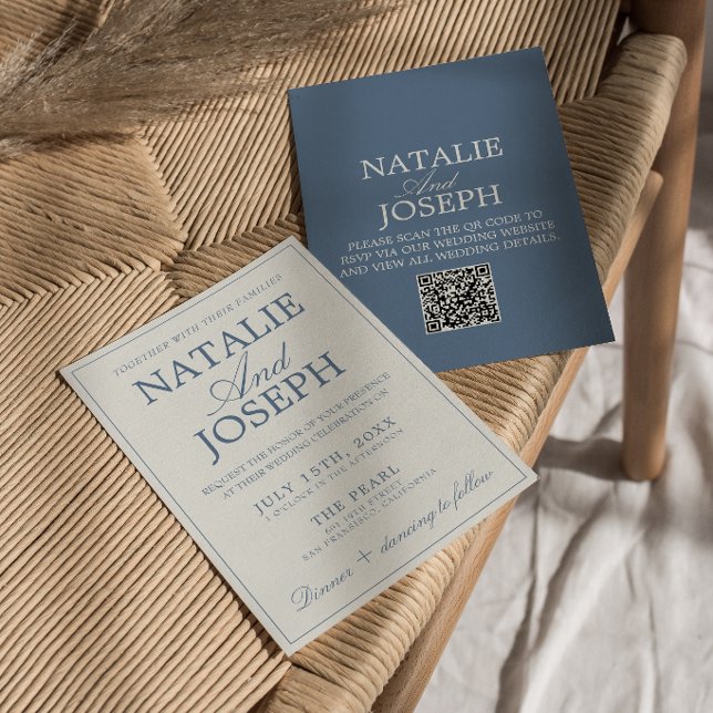 Invitation Mariage QR Code Bleu Et Blanc Élégant  (Créateur téléchargé)