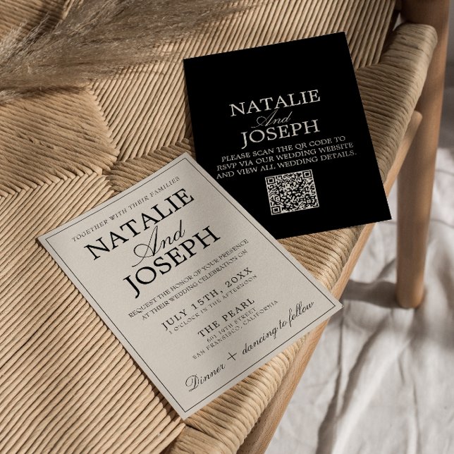 Invitation Mariage QR Code Élégant Noir Et Crème Ancien Argen (Créateur téléchargé)