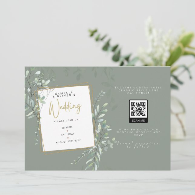 Invitation Mariage QR Code QR  moderne Sage Greenery RSVP (Debout devant)