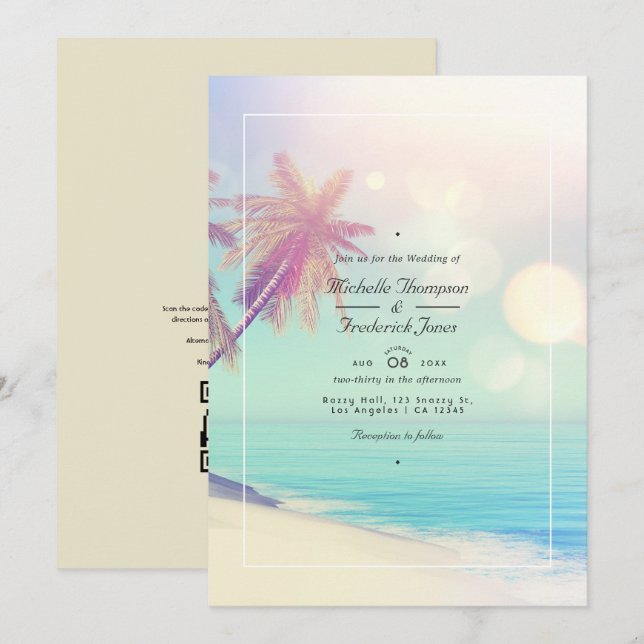 Invitation Mariage QR Code RSVP Bokeh Plage d'Été (Devant / Derrière)