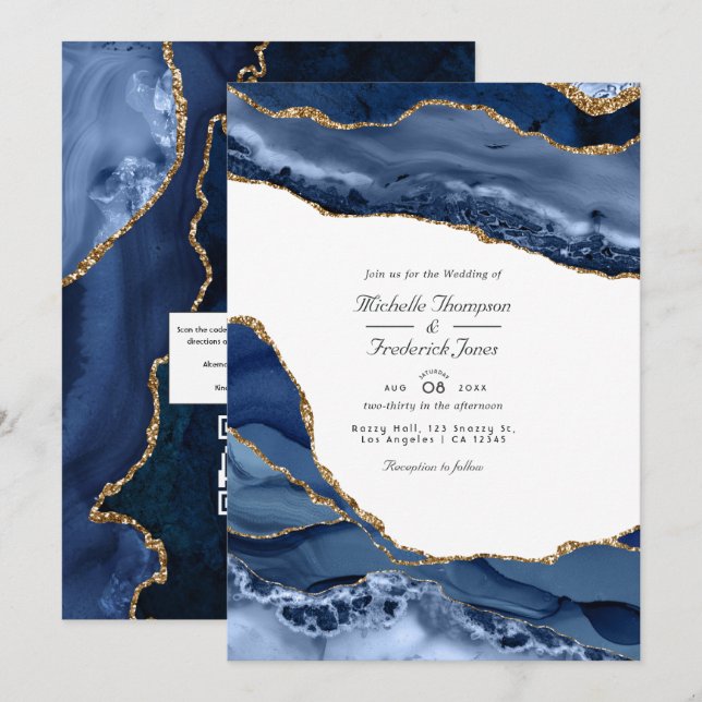 Invitation Mariage QR Code RSVP en pierre d'agate Navy et Or (Devant / Derrière)