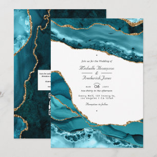 Invitation Mariage QR Code RSVP en pierre d'agate sarcelle et