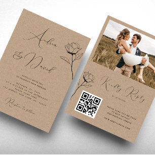 Invitation Mariage QR Code RSVP Rose Dessinée Look Kraft Rust
