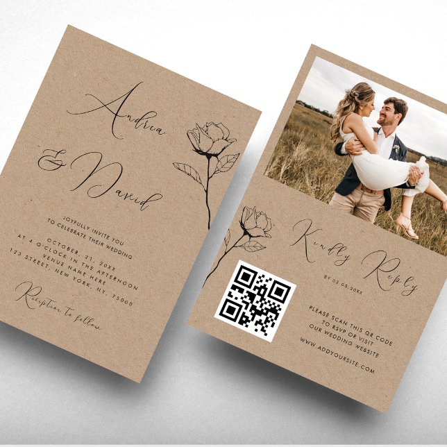 Invitation Mariage QR Code RSVP Rose Dessinée Look Kraft Rust (Créateur téléchargé)