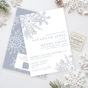 Invitation Mariage QR Flocon de Neige Hiver Bleu Poussiéreux