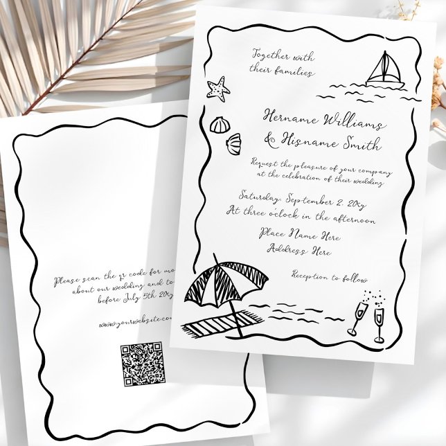 Invitation Mariage QR RSVP de la main noir lunaire de plage (Créateur téléchargé)