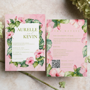 Invitation Mariage QRcode aquarelle florale verte rose d'été