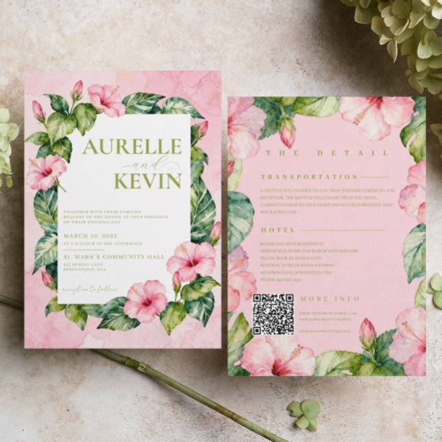 Invitation Mariage QRcode aquarelle florale verte rose d'été (Créateur téléchargé)
