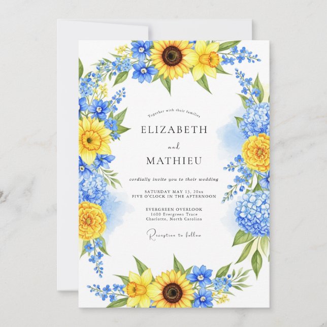 Invitation Mariage radiant d'été bleu jaune (Devant)