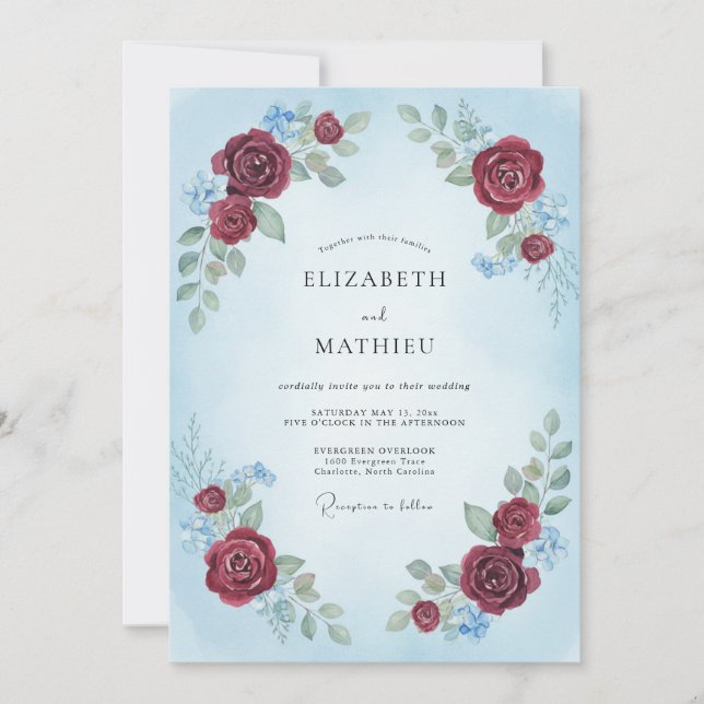 Invitation Mariage Raffiné Bleu Pâle Bourgogne (Devant)