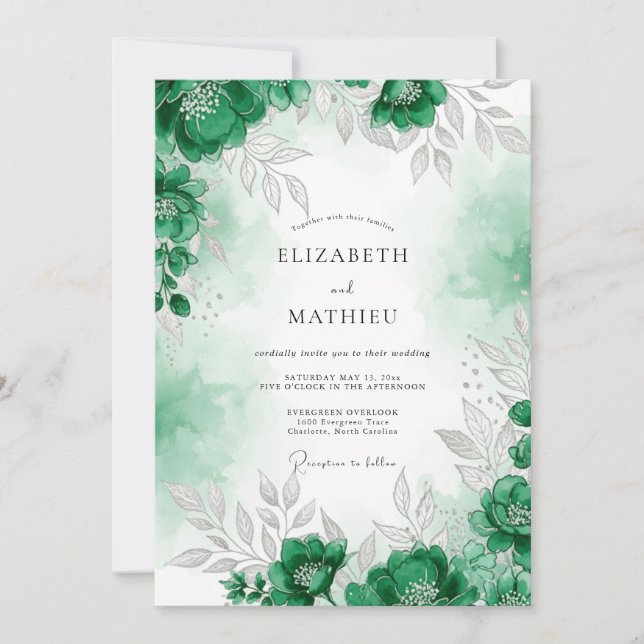 Invitation Mariage raffiné en forêt de couleur vert émeraude (Devant)