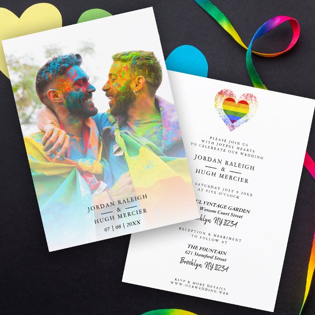 Invitation Mariage Rainbow Heart LGBT Engagé Couple Photo (Créateur téléchargé)