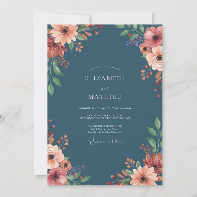 Invitation Mariage Ranunculus Acier Pêche Eucalyptus Assourdi (Devant)