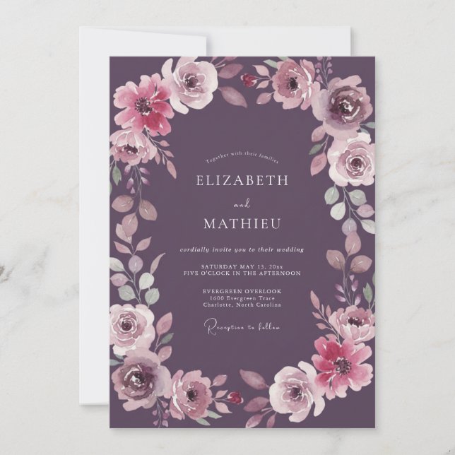 Invitation Mariage Ranunculus Aquarelle Prune (Devant)
