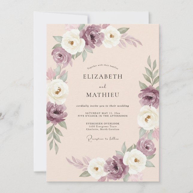 Invitation Mariage Ranunculus Crème Douce Eucalyptus Prune (Devant)