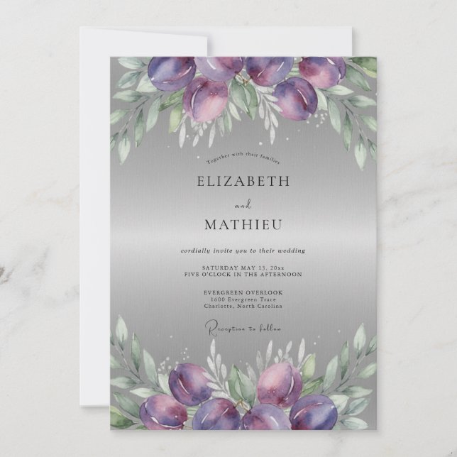 Invitation Mariage Ranunculus Eucalyptus Argent Prune (Devant)