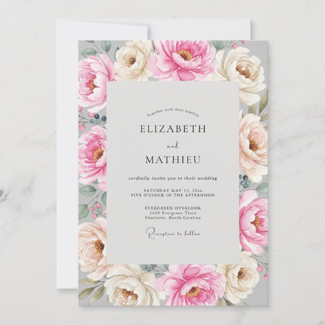 Invitation Mariage Ranunculus Eucalyptus Champagne Rouge (Devant)