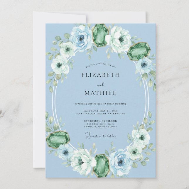 Invitation Mariage Ranunculus Eucalyptus Emeraude Bleuet (Devant)