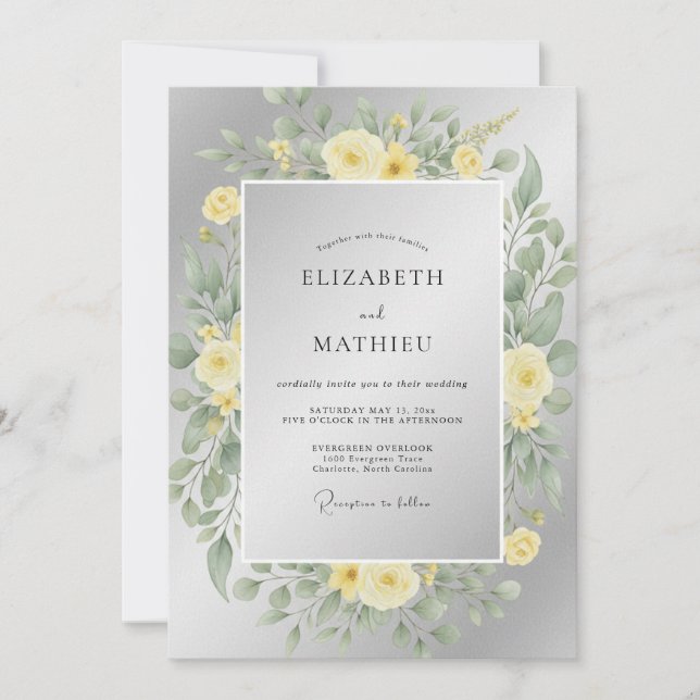 Invitation Mariage Ranunculus Eucalyptus Jaune Argenté (Devant)
