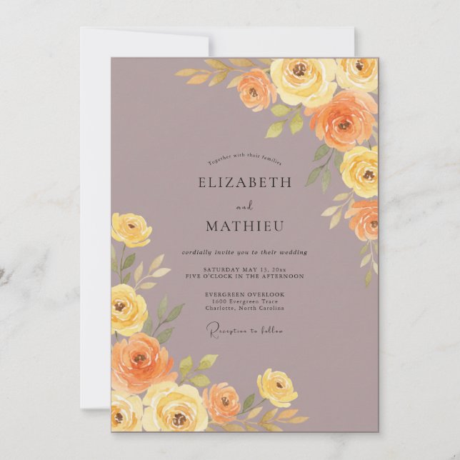 Invitation Mariage Ranunculus Eucalyptus Jaune Mauve (Devant)