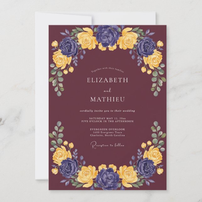 Invitation Mariage Ranunculus Eucalyptus Jaune Vin (Devant)
