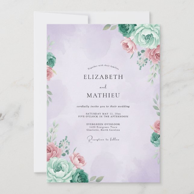 Invitation Mariage Ranunculus Eucalyptus Mauve Menthe (Devant)