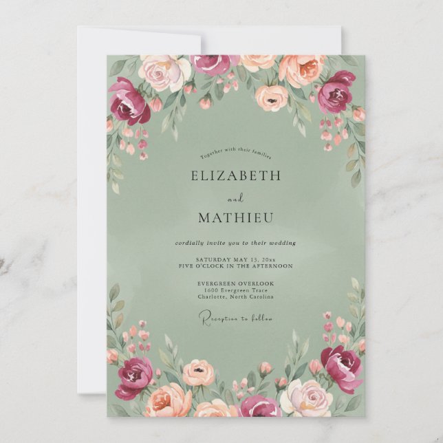 Invitation Mariage Ranunculus Eucalyptus Olive Bourgogne (Devant)