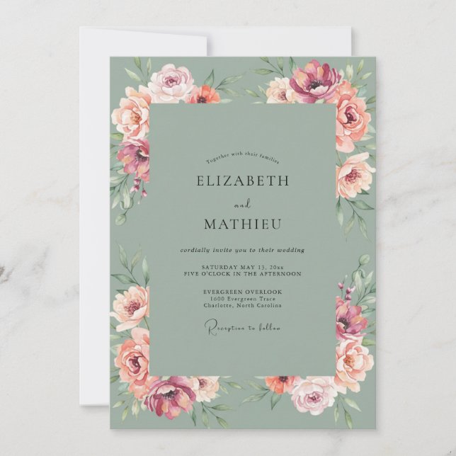 Invitation Mariage Ranunculus Eucalyptus pêche rose (Devant)