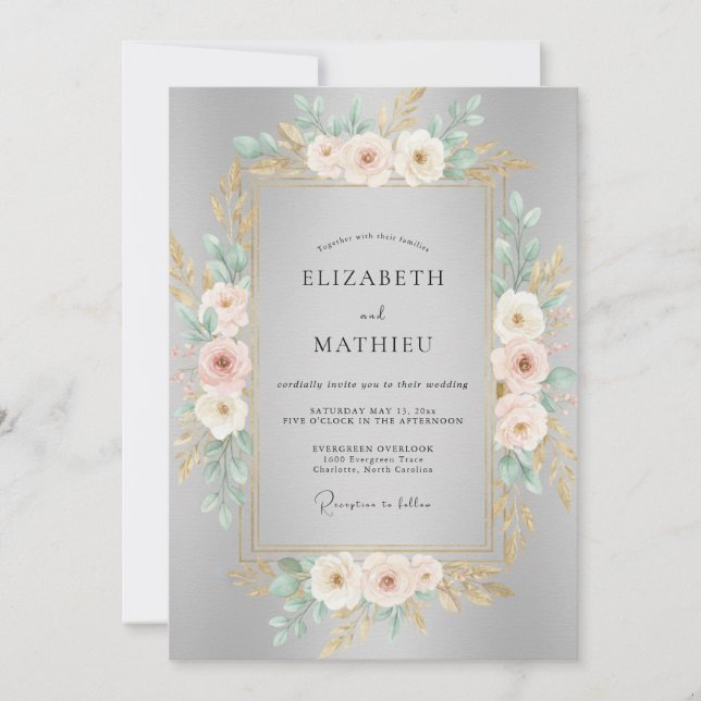 Invitation Mariage Ranunculus Eucalyptus Rose Pâle Argenté (Devant)