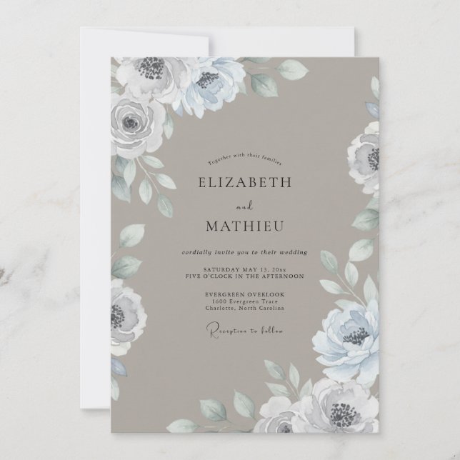 Invitation Mariage Ranunculus Eucalyptus Taupe Argenté (Devant)