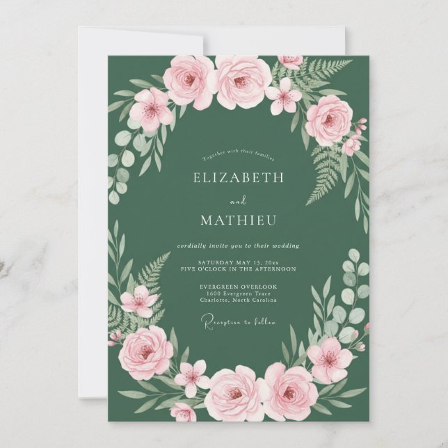 Invitation Mariage Ranunculus Eucalyptus Teinte de Forêt (Devant)