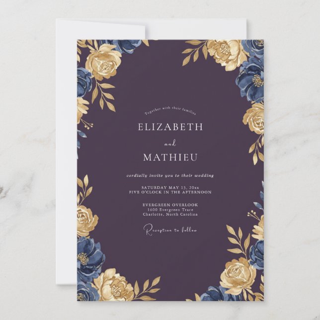 Invitation Mariage Ranunculus Gris Eucalyptus Or Prune (Devant)