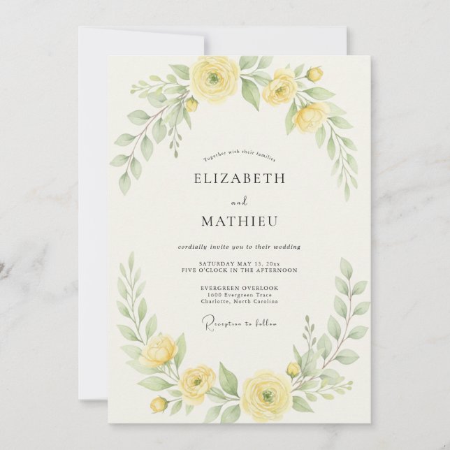 Invitation Mariage Ranunculus Jaune Pâle Eucalyptus Gris (Devant)