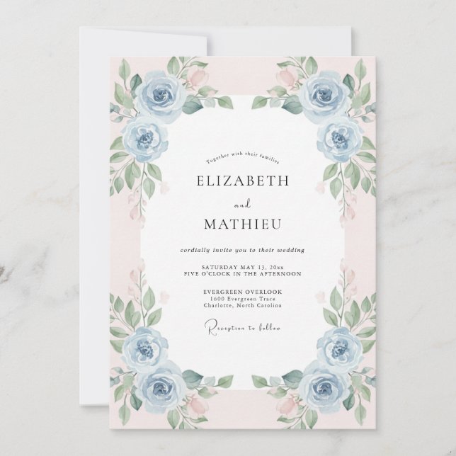 Invitation Mariage Ranunculus Pêche Ciel Eucalyptus Assourdi (Devant)