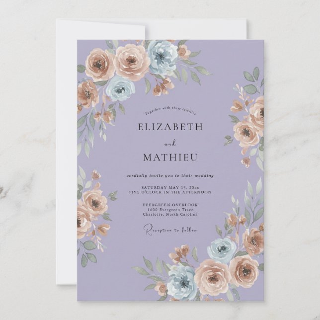 Invitation Mariage Ranunculus Pêche Pervenche Eucalyptus Endé (Devant)