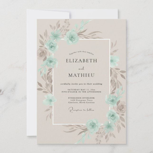 Invitation Mariage Ranunculus Taupe Menthe Douce Eucalyptus (Devant)