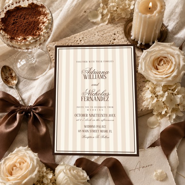 Invitation Mariage rayé beige espresso (Créateur téléchargé)