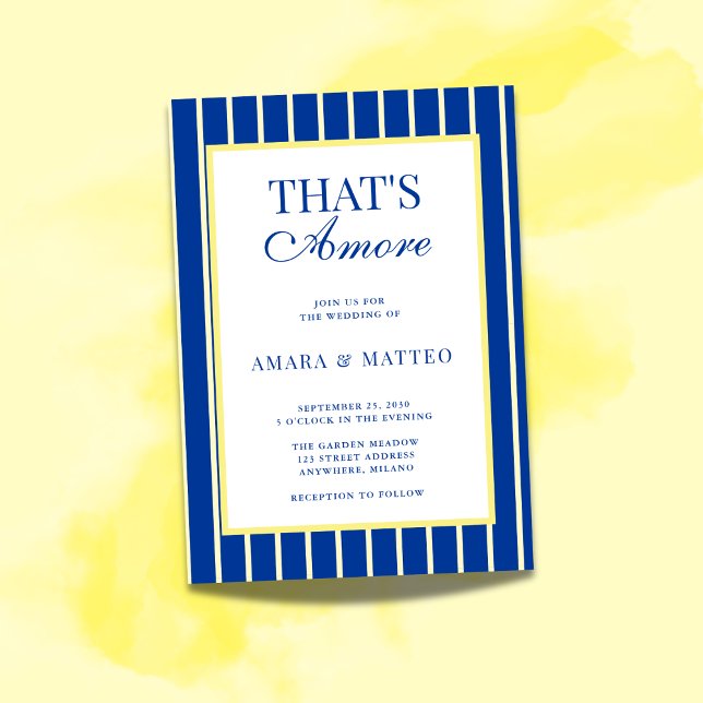 Invitation Mariage rayé bleu et jaune That's Amore (Créateur téléchargé)