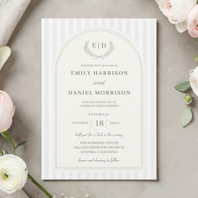 Invitation Mariage rayé bleu et vert sauge (Créateur téléchargé)