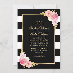 Invitation Mariage rayé noir blanc rose pâle